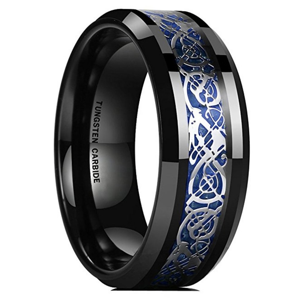 Mens Tungsten Wedding Band (8mm). Celtic Mens Wedding Ring Black, Silver & Blue